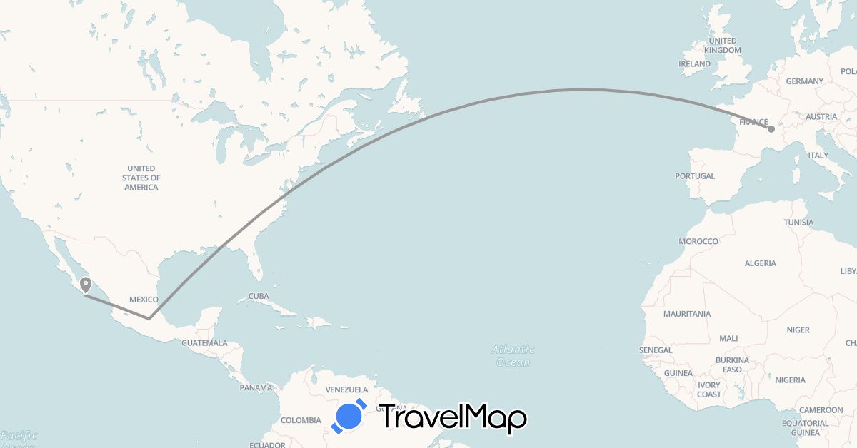 TravelMap itinerary: plane in France, Mexico (Europe, North America)